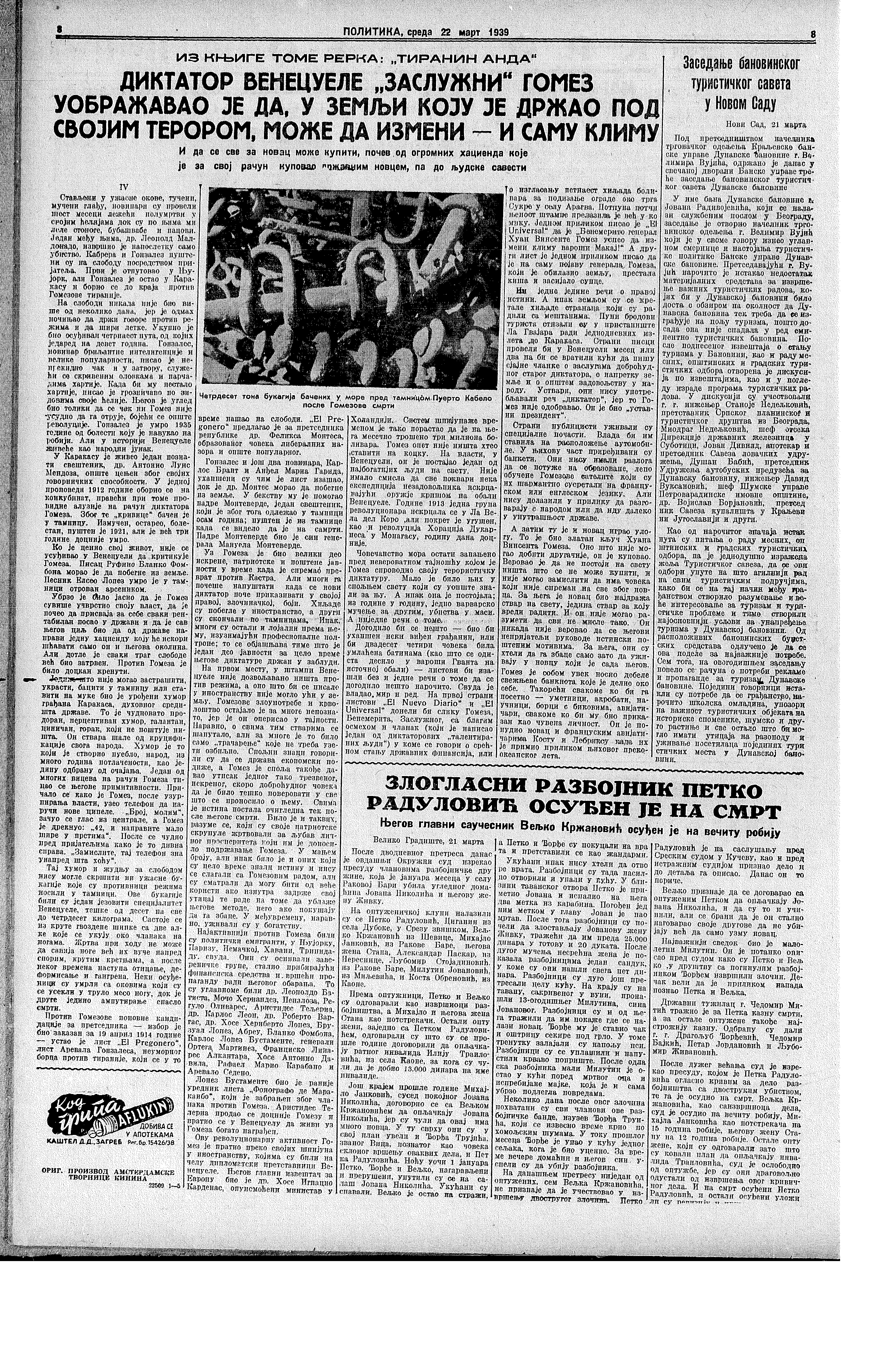 Zloglasni razbojnik osuđen na smrt, Politika, 22.03.1939.